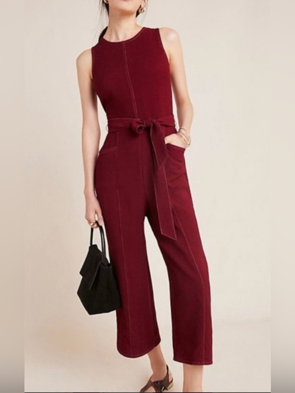 Greylin Anthropologies Sleeveless Tie-Waist Stitched Jumpsuit Women’s Size L